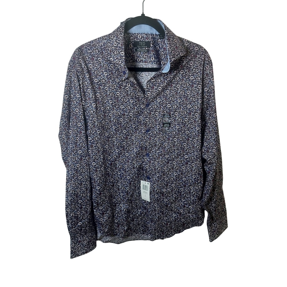 Ted Baker Slim Fit Premium Non-Iron Floral Dress Shirt Navy Purple 16 34/35 NEW